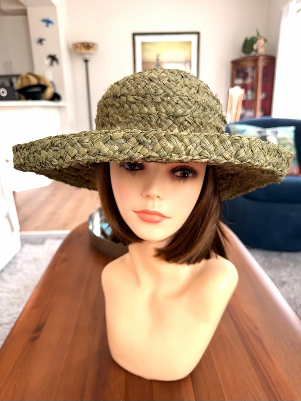 Olive Green Thick Woven Straw Wide Brim Boho Hat